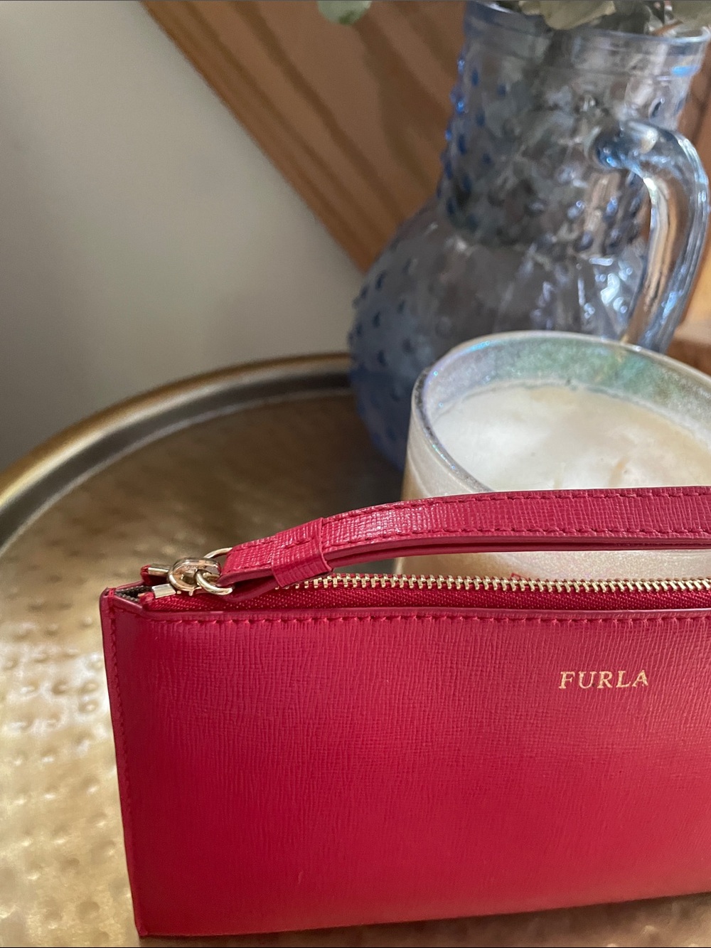Furla Raspberry Red Leather Wristlet Clutch Zippered Wrist Strap - Picture 3 of 10
